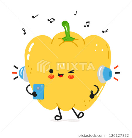 A cartoon Yellow Bell Pepper character enjoys music through headphones, holding a phone and winking. 126127822