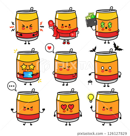 Charming cartoon Soda Cans depict various moods and scenarios with fun, expressive faces and details. 126127829