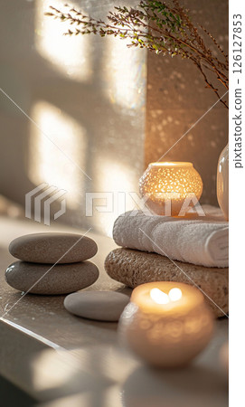 A spa setting with glowing candles, balanced stones, and towels, evoking a feeling of peace. 126127853