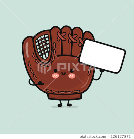 A charming Baseball Mitt character smiles while holding a blank sign, perfect for your message. A charming Baseball Mitt character smiles while holding a blank sign, perfect for your message. 126127871