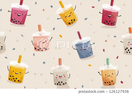 Seamless pattern with kawaii bubble tea cups and tapioca pearls on light beige background 126127936
