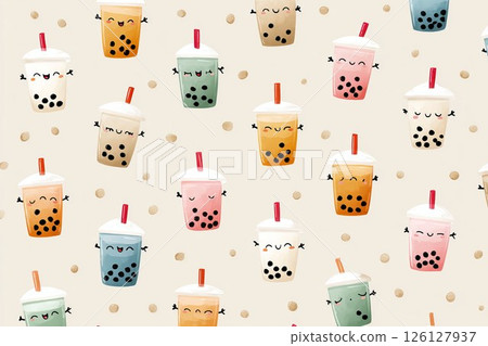 Seamless pattern with kawaii bubble tea cups and tapioca pearls on light beige background 126127937