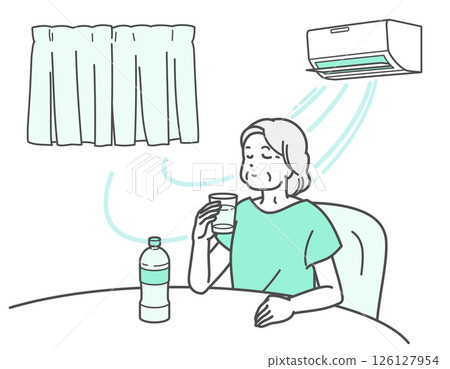 一位老年婦女在空調房間補水的插圖 126127954