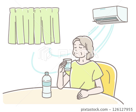 Illustration of a senior woman hydrating in an air-conditioned room 126127955