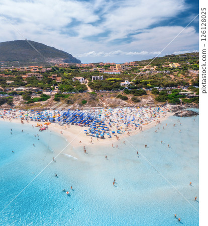 Aerial view of famous La Pelosa beach at sunny summer day Aerial view of famous La Pelosa beach at sunny summer day 126128025