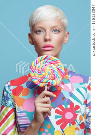 Fashionable woman holding colorful lollipop, wearing vibrant patterned outfit against blue background 126128047