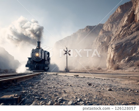 Vintage steam locomotive chugging along dusty tracks in a rugged mountainous landscape 126128057