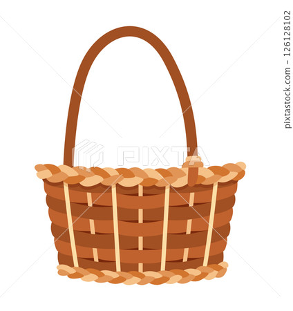 Baskets autumn for harvest, icon. co basket for grocery products. Wicker basket with isolated on white. Cartoon flat vector illustration 126128102