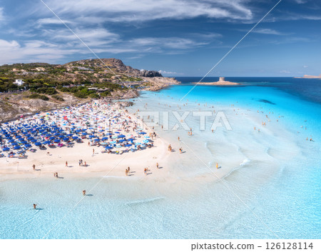 Aerial view of famous La Pelosa beach at sunny summer day 126128114