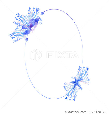 Watercolor delicate oval blue frame with fish and corals 126128122