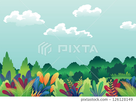 Jungle fairytale. Colorful jungle hand drawn horizontal wallpaper, background for children. Grass on green lawn. Hand drawn nature vector illustration Jungle fairytale. Colorful jungle hand drawn horizontal wallpaper, background for children. Grass on green lawn. Hand drawn nature vector illustration 126128149