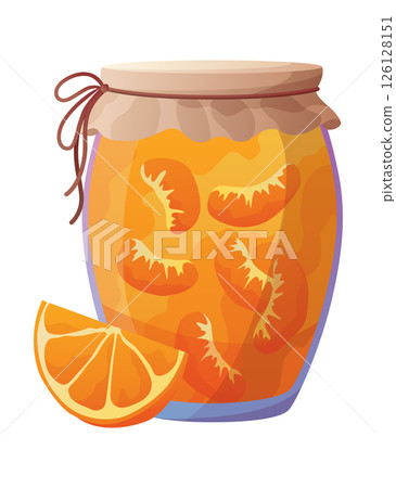 Jam jar with slice of orange. Homemade berries and fruit jam, natural organic product. Breakfast food, sweet fruit dessert vector illustration. Winter pot on white background Jam jar with slice of orange. Homemade berries and fruit jam, natural organic product. Breakfast food, sweet fruit dessert vector illustration. Winter pot on white background 126128151