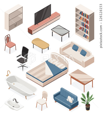 Isometric interior furniture, icon set. Home decoration elements and accessories. Decorative household symbol. Cartoon vector illustration 126128153