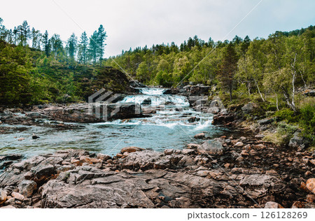 Mountain river with rocks and waterfalls in the forest in Norway 126128269