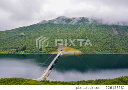 View from Mountain to the bridge across the river in Norway 126128381