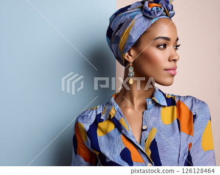 African American woman in colorful attire with headwrap posing against a pastel background 126128464