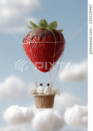 Hot air balloon shaped like a strawberry with two figures enjoying a whimsical flight in the sky 126128465