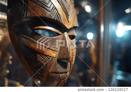 Illuminated cyber ritual mask with african tribal patterns displayed in a museum 126128527
