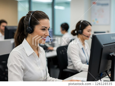 Smiling female customer support operator working with headsets in modern office 126128535