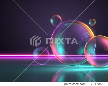 Colorful bubbles floating above reflective surface with neon light accents in dark background 126128536