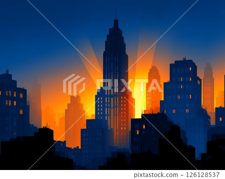 City skyline silhouette at sunset with vibrant colors and dramatic lighting effects 126128537