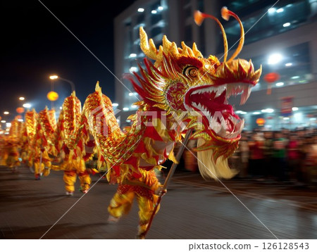 Colorful dragon dance performance with vibrant costumes and festive atmosphere during celebration 126128543