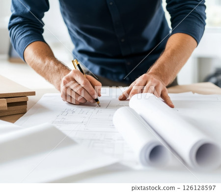 Architect working on construction plans, using a pen to make modifications and holding blueprints with his hand 126128597