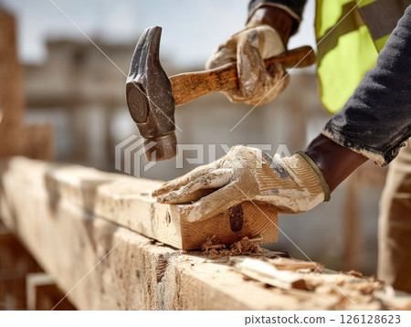 Construction worker hammering nail into wooden beam at building site Construction worker hammering nail into wooden beam at building site 126128623