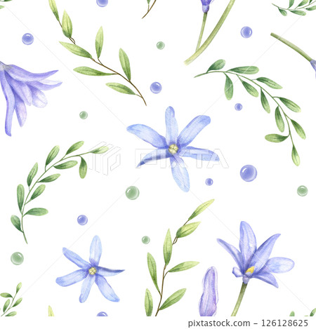 Watercolor blue scilla and myrtle branches among blue green drops seamless pattern isolated background. Abstract leaves and snowdrops floral ornate for spring themed designs, wedding stationery Watercolor blue scilla and myrtle branches among blue green drops seamless pattern isolated background. Abstract leaves and snowdrops floral ornate for spring themed designs, wedding stationery 126128625
