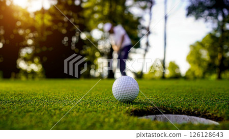 Golfers are putting golf in the evening golf course golf backglound. Golfers are putting golf in the evening golf course golf backglound. 126128643