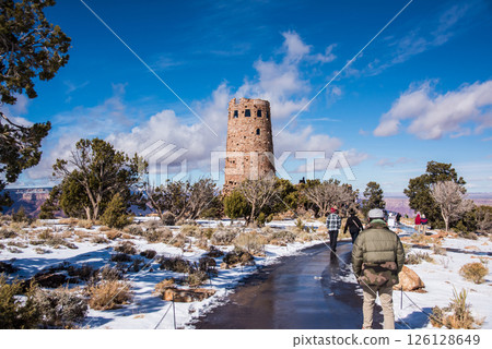 Grand Canyon in winter, snowy scenery, Watch Tower at Desert Viewpoint 126128649