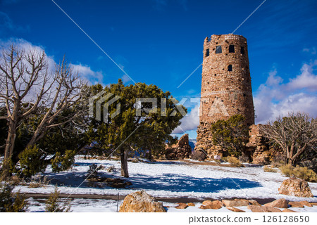 Grand Canyon in winter, snowy scenery, Watch Tower at Desert Viewpoint 126128650