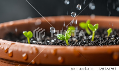 Water droplets falling on seedlings growing in terracotta pot 126128761
