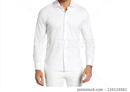 Mockup of a white button-up shirt with white pants on an isolated background. 126128981