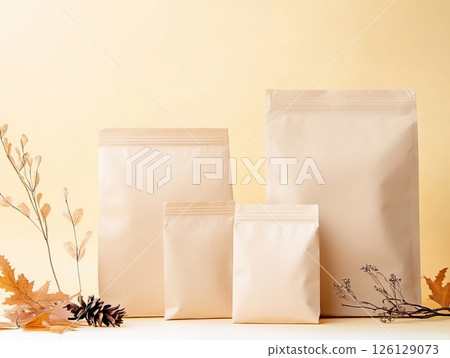 Recyclable kraft paper pouches standing up with autumn decoration Recyclable kraft paper pouches standing up with autumn decoration 126129073