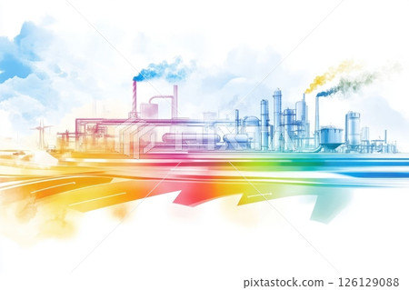 Industrial plant emitting smoke and colorful lines representing traffic flow 126129088