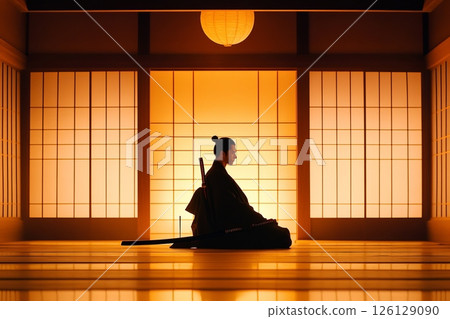 Samurai meditating in traditional japanese room with katana 126129090