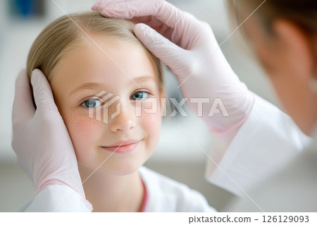 Doctor examining a smiling child's head during a medical checkup. 126129093