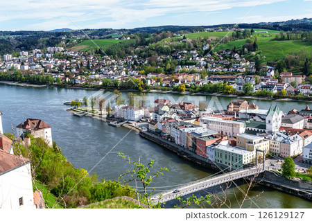 Confluence of rivers Inn, Danube and Ilz in Passau, Bavaria, Germany. The City of Three Rivers 126129127