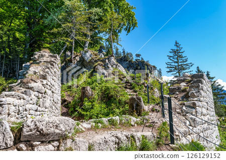 ruins of hohenwaldeck knights castle, view to lake schliersee, place of history, upper bavaria in Germany ruins of hohenwaldeck knights castle, view to lake schliersee, place of history, upper bavaria in Germany 126129152