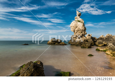 seascape with rocks slow shutter technic in photography on motion blur to long exposure seascape with rocks slow shutter technic in photography on motion blur to long exposure 126129193