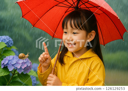 A girl smiles at a snail on a hydrangea during the rainy season 126129253