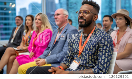 Corporate professionals listening to speaker in bright seminar room 126129301