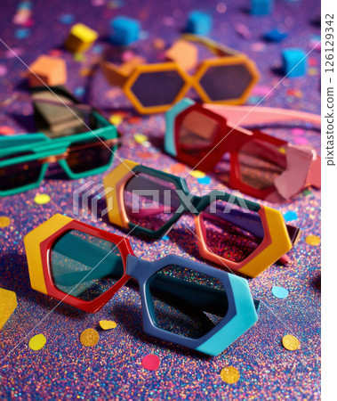Y2K colorful collection of geometric sunglasses on glittery surface with 3D confetti props 126129342
