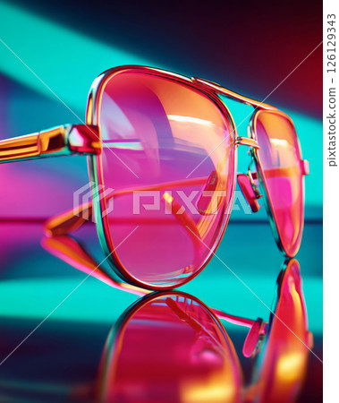 Y2K stylish macro image of mirrored sunglasses with pink lenses and colorful backdrop 126129343