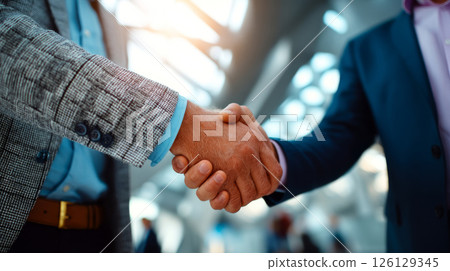 Two businessmen shaking hands in sunlit corporate lobby 126129345