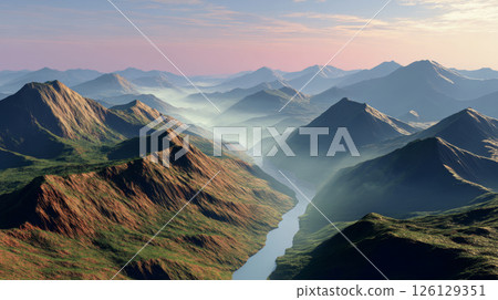 Scenic wilderness view of mountain river winding through deep misty valley in the morning light 126129351