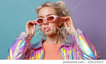 Y2K trendy blonde woman in pastel sunglasses and holographic jacket posing stylishly 126129353