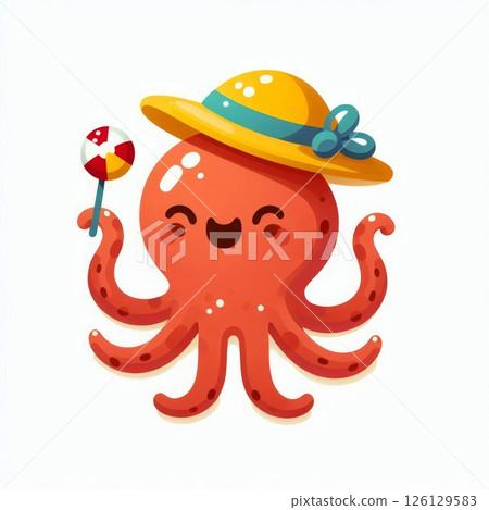 Cute cartoon octopus wearing summer hat and holding a lollipop. Playful marine character digital illustration for kids and design 126129583