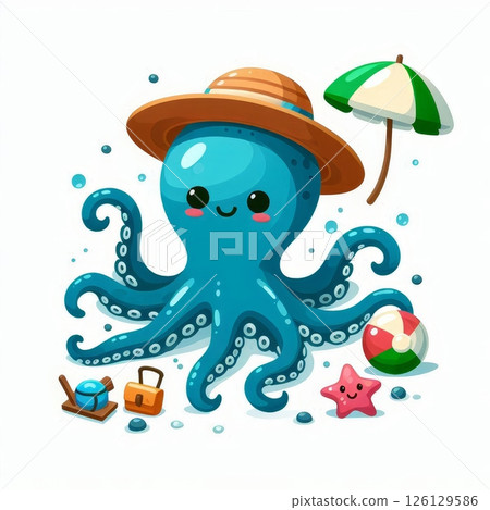 Cute blue octopus wearing straw hat on beach with umbrella, ball, and starfish. Adorable cartoon marine character digital illustration 126129586